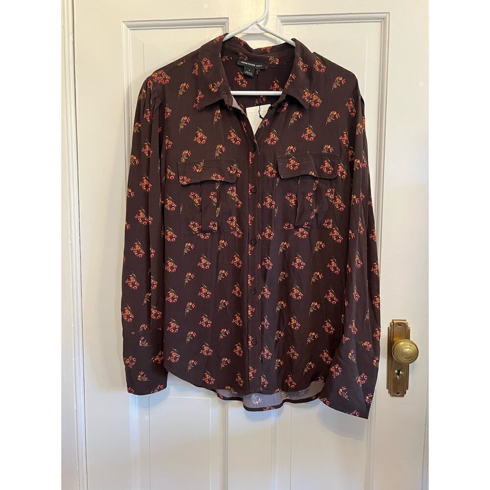 NEW Something Navy Brown Floral Orange Button Up Blouse Women's S Pocket Utility